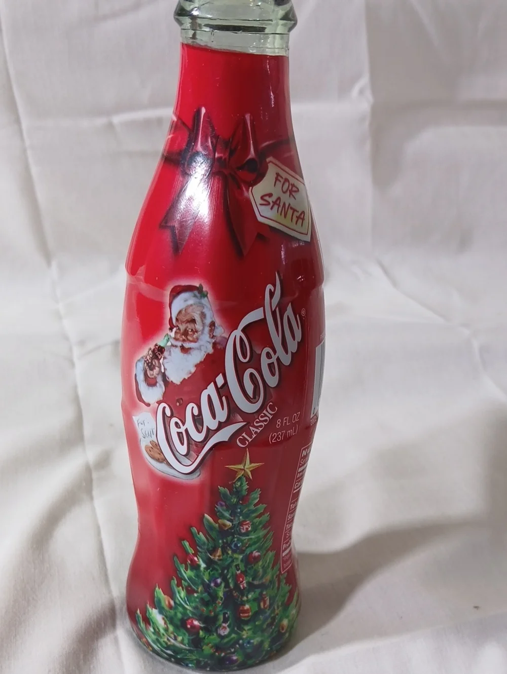 Coca Cola Red Holiday Glass Bottle with Santa & Christmas Tree
